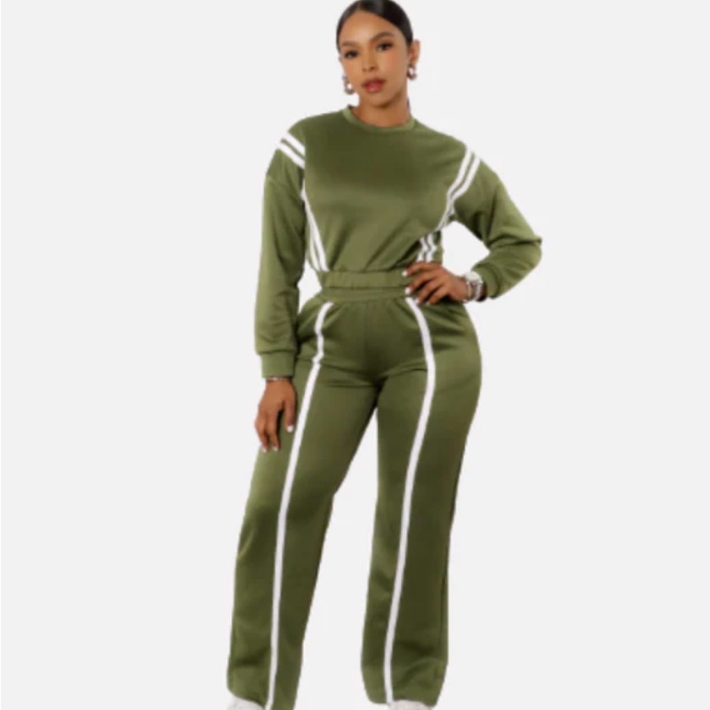 Olive Green Women's Jumpsuit with White Stripes